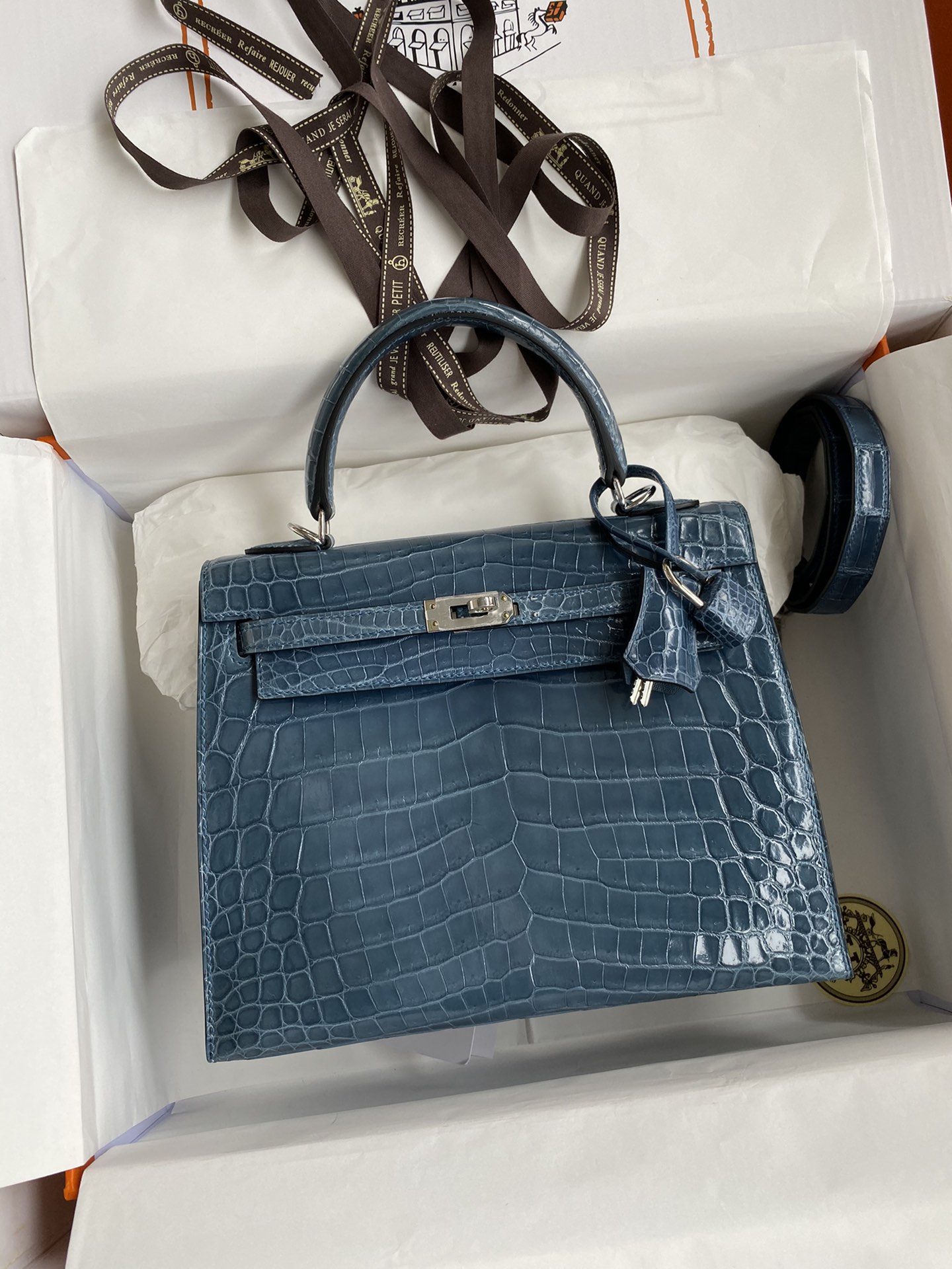 Hermes Kelly 25cm Handbag Shoulder Bag In Blue Jean Shiny Crocodile Niloticus Leather